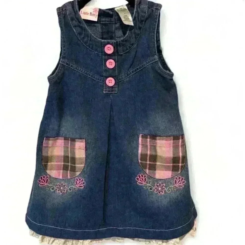 Little Bitty Girls' Denim Jumper Dress 3T Pink Buttons Plaid Pockets